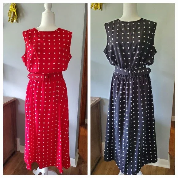 Vtg Blair Sz L Rockabilly Midi Dress Sleeveless Red White Polka Dot Long Belted - Picture 11 of 11